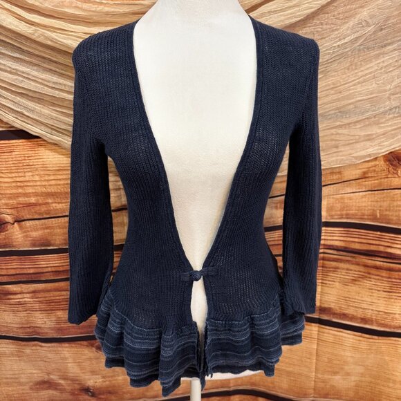 Lauren Ralph Lauren Blue Linen Mesh Open Front Cardigan Sweater Size S - Picture 1 of 11